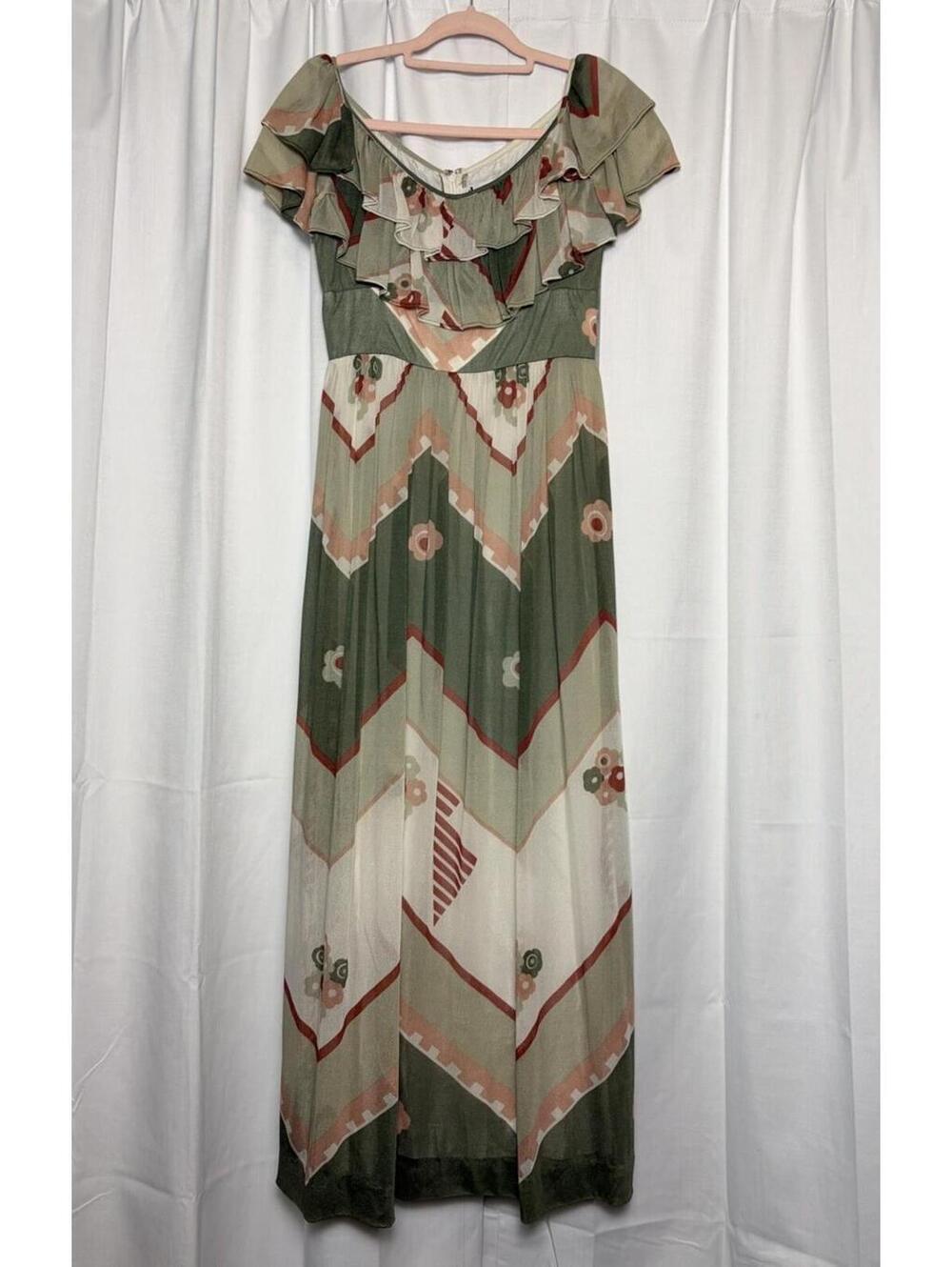Vintage 1970s Hoku Green Neutrals Floral Ruffle Neck Maxi Dress Size 38 (Small)